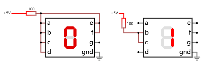 7 段 LED 显示器共阴极模式显示 0 和 1